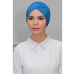 Hürrem Bone 1801_34 Mavi Kumaş Çapraz Büzgülü Pratik Hazır Geçmeli Tesettür Bone Sandy