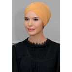 Hürrem Bone 1801_43 Hardal Sandy Kumaş Çapraz Büzgülü Pratik Hazır Geçmeli Tesettür Bone