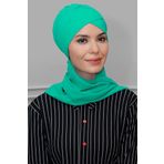 Hürrem Bone 1801A_32 Su Yeşili Sandy Kumaş Çapraz Büzgülü Şifon Atkılı Pratik Hazır Geçmeli Tesettür Bone