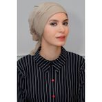 Hürrem Bone 1805_12 Bej Sandy Kumaş İncili Pileli Nervürlü Güllü Pratik Hazır Geçmeli Tesettür Bone