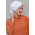 Hürrem Bone 1805_42 Beyaz Sandy Kumaş İncili Pileli Nervürlü Güllü Pratik Hazır Geçmeli Tesettür Bone