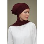 Hürrem Bone 1805A_16 Bordo Sandy Kumaş İncili Nervürlü Güllü Atkılı Pratik Hazır Geçmeli Tesettür Bone