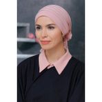 Hürrem Bone 1806_06 Pudra Sandy Kumaş Pileli Nervürlü Güllü Pratik Hazır Geçmeli Tesettür Bone