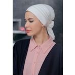 Hürrem Bone 1806_40 Krem Sandy Kumaş Pileli Nervürlü Güllü Pratik Hazır Geçmeli Tesettür Bone