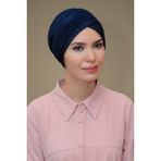 Hürrem Bone 1821_02 Lacivert Fukuro Piliseli Tek Bantlı Çapraz Büzgülü Pratik Hazır Geçmeli Tesettür Bone