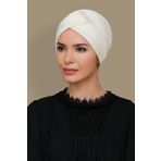 Hürrem Bone 1821_40 Krem Fukuro Piliseli Tek Bantlı Çapraz Büzgülü Pratik Hazır Geçmeli Tesettür Bone