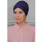 Hürrem Bone 1822_02 Lacivert Fukuro Piliseli Çapraz Büzgülü Pratik Hazır Geçmeli Tesettür Bone