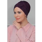 Hürrem Bone 1822_07 Mürdüm Fukuro Piliseli Çapraz Büzgülü Pratik Hazır Geçmeli Tesettür Bone