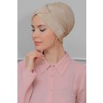 Hürrem Bone 1822_12 Bej Fukuro Piliseli Çapraz Büzgülü Pratik Hazır Geçmeli Tesettür Bone