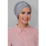 Hürrem Bone 1822_15 Gri Fukuro Piliseli Çapraz Büzgülü Pratik Hazır Geçmeli Tesettür Bone