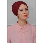 Hürrem Bone 1822_16 Bordo Fukuro Piliseli Çapraz Büzgülü Pratik Hazır Geçmeli Tesettür Bone