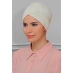 Hürrem Bone 1822_40 Krem Fukuro Piliseli Çapraz Büzgülü Pratik Hazır Geçmeli Tesettür Bone