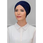 Hürrem Bone 1824_02 Lacivert Fukuro Piliseli Tek Çapraz Büzgülü Pratik Hazır Geçmeli Tesettür Bone