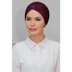Hürrem Bone 1824_07 Mürdüm Fukuro Piliseli Tek Çapraz Büzgülü Pratik Hazır Geçmeli Tesettür Bone