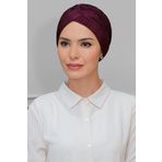 Hürrem Bone 1824_07 Mürdüm Fukuro Piliseli Tek Çapraz Büzgülü Pratik Hazır Geçmeli Tesettür Bone