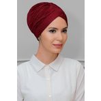 Hürrem Bone 1824_16 Bordo Fukuro Piliseli Tek Çapraz Büzgülü Pratik Hazır Geçmeli Tesettür Bone