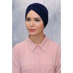 Hürrem Bone 1831_02 Lacivert Fukuro Sandy Kumaş Büzgülü Pratik Hazır Geçmeli Tesettür Bone