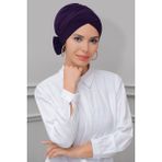 Hürrem Bone 1833_07 Mürdüm Sandy Kumaş Fiyonklu Çift Taraflı Tek Çapraz Pratik Hazır Geçmeli Tesettür Bone