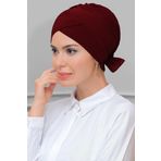 Hürrem Bone 1833_16 Bordo Sandy Kumaş Fiyonklu Çift Taraflı Tek Çapraz Pratik Hazır Geçmeli Tesettür Bone
