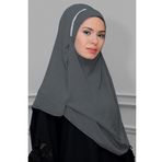 Hürrem Bone 1850_15 Gri Şifon Taşlı Pratik Hazır Geçmeli Malezya Şal