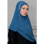Hürrem Bone 1850_34 İndigo Şifon Taşlı Pratik Hazır Geçmeli Malezya Şal