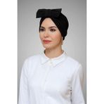 Hürrem Bone 7006_01 Siyah Sandy Kumaş Fiyonklu Büzgülü Pratik Hazır Geçmeli Tesettür Bone