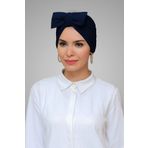 Hürrem Bone 7006_02 Lacivert Sandy Kumaş Fiyonklu Büzgülü Pratik Hazır Geçmeli Tesettür Bone