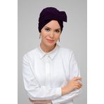 Hürrem Bone 7006_07 Mürdüm Sandy Kumaş Fiyonklu Büzgülü Pratik Hazır Geçmeli Tesettür Bone
