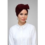 Hürrem Bone 7006_16 Bordo Sandy Kumaş Fiyonklu Büzgülü Pratik Hazır Geçmeli Tesettür Bone