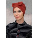 Hürrem Bone 7010_05 Kiremit Sandy Kumaş Fiyonklu Büzgülü Pratik Hazır Geçmeli Tesettür Bone