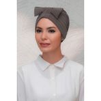 Hürrem Bone 7010_10 Vizon Sandy Kumaş Fiyonklu Büzgülü Pratik Hazır Geçmeli Tesettür Bone
