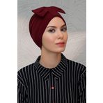 Hürrem Bone 7010_16 Bordo Sandy Kumaş Fiyonklu Büzgülü Pratik Hazır Geçmeli Tesettür Bone