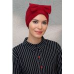 Hürrem Bone 7010_31 Kırmızı Sandy Kumaş Fiyonklu Büzgülü Pratik Hazır Geçmeli Tesettür Bone