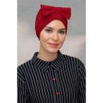 Hürrem Bone 7010_31 Kırmızı Sandy Kumaş Fiyonklu Büzgülü Pratik Hazır Geçmeli Tesettür Bone
