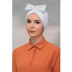 Hürrem Bone 7010_42 Beyaz Sandy Kumaş Fiyonklu Büzgülü Pratik Hazır Geçmeli Tesettür Bone