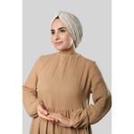 Hürrem Bone Bej Çapraz Büzgülü Piliseli Tesettür Bone Fukuro Kendinden Desenli 2316_12