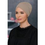 HÜRREM BONE Bej Pratik Hazır Geçmeli Tesettür Bone Sandy Kumaş Taçlı Büzgülü _12 1208