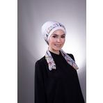 HÜRREM BONE Beyaz Pratik Hazır Geçmeli Tesettür Bone Sandy Kumaş Desenli Şifon Kemerli 1205d_42