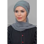 HÜRREM BONE Gri Pratik Hazır Geçmeli Tesettür Bone Fukuro Piliseli Örgülü Şifon Atkılı 1825a_15