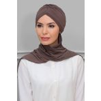 HÜRREM BONE Koyu Vizon Pratik Hazır Geçmeli Tesettür Bone Sandy Kumaş Taçlı Büzgülü Şifon Atkılı 1208a_38
