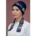 HÜRREM BONE Lacivert Pratik Hazır Geçmeli Tesettür Bone Sandy Kumaş Desenli Şifon Kemerli 1205d_02