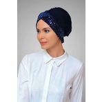 HÜRREM BONE Lacivert Pratik Hazır Geçmeli Tesettür Bone Sandy Kumaş Pullu Tek Çapraz 1907_02