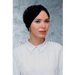 HÜRREM BONE Siyah-gold Pratik Hazır Geçmeli Tesettür Bone Sandy Kumaş Pullu Büzgülü 1906_102