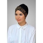 Hürrem Bone Siyah-Gold Pratik Hazır Geçmeli Tesettür Bone Sandy Kumaş Pullu T Çok Renkli