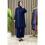 Hürrem Taş Detaylı Tunik & Beli Lastikli Pantolon, Aerobin Kumaş, Alt Üst İkili Takım Şehri Takım Lacivert