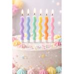 Huzur Party Store Kıvrımlı Makaron Renkli Mum 6 Adet 9 Cm Doğum Günü Pasta Mumu Dalgalı Pastel Soft Renk Parti Süsü