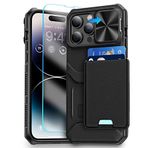 HWeggo Ekran Koruyucu iPhone 14 Pro Kılıf, Kart Tutucu ve Slayt Kamera Kapaklı Kapak, iPhone 14 Pro 5G 2022 için Koruyucu Kılıf, 6,1 inç (Siyah)