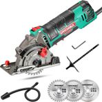HYCHIKA mini daire testere, 3 testere bıçaklı el testeresi, lazer kılavuzu, ölçek cetveli, 500 W saf bakır motor, 4500 devir/dakika, ahşap, yumuşak metal, fayans ve plastik kesimler için ideal