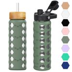 HYDRAGLAZIC 700 ml cam su şişesi, 2 kapaklı, kapaklı ve bambu pipetli, kapaklı, spor su bardağı, saat hatırlatmalı ve silikon kılıflı, sızdırmaz, BPA içermez, Oliver