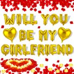 HyDren Will You Be My Girlfriend Balon Kiti 45 cm Kalp Şekilli Balonlar ve 2400 Adet Gül Yapraklı LED Tealight Mumları İçerir Sevgililer Günü Partisi için Romantik Dekorasyon Kiti (Altın)